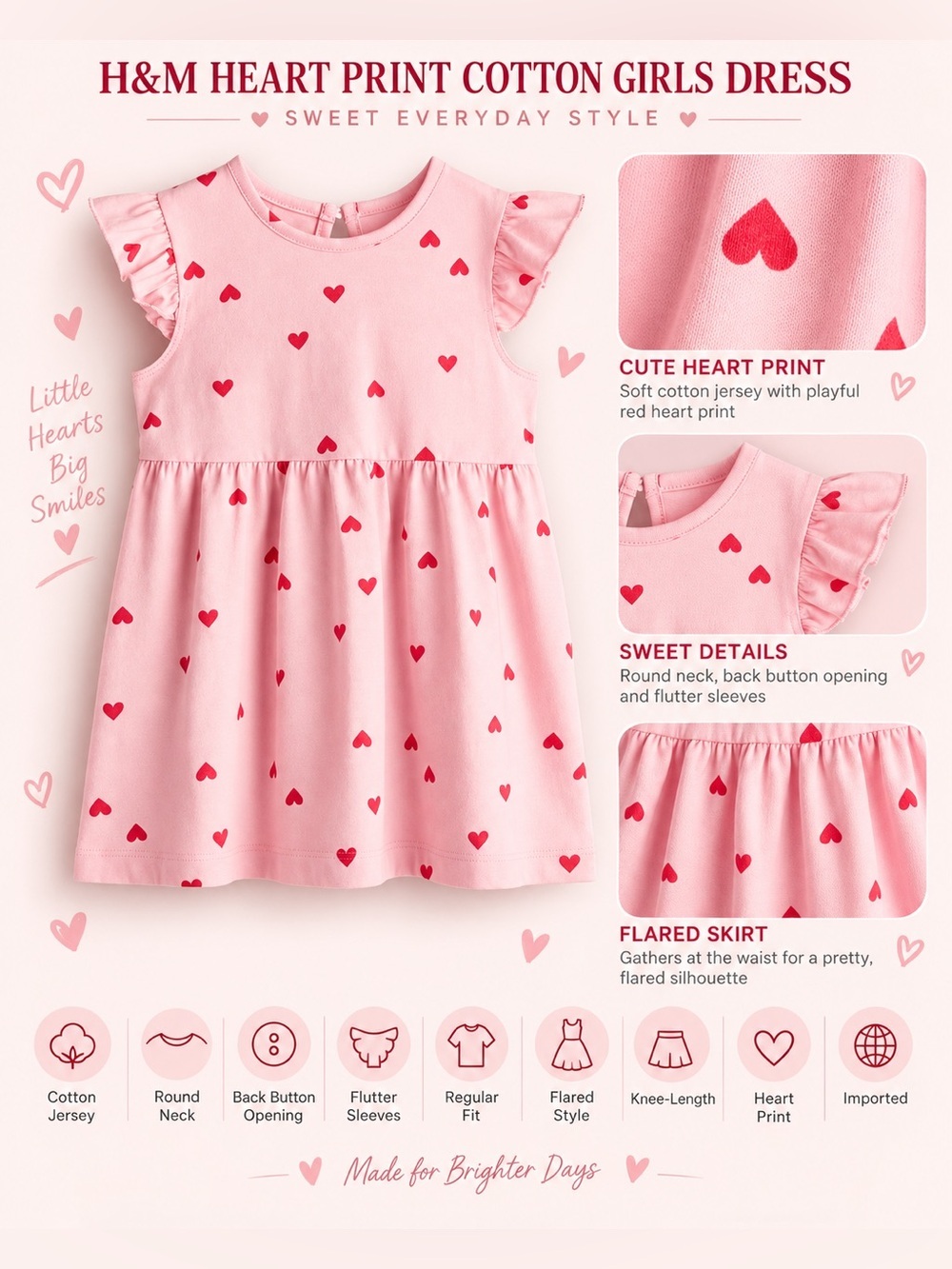 H&M HEART PRINT COTTON DRESS - PINK VARIOUS SIZES (NEW WITH TAGS) A14